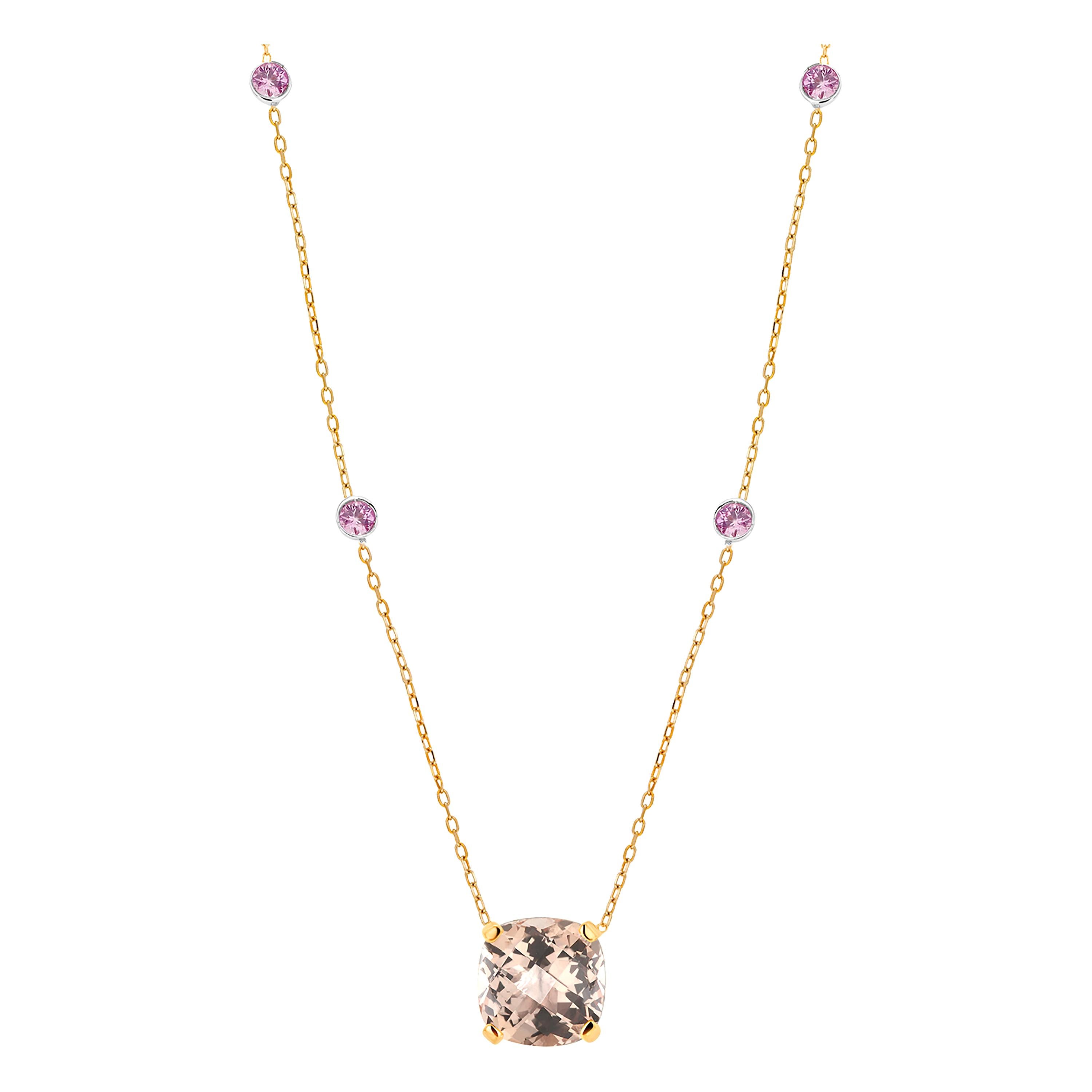 Cushion Shape Morganite Pink Sapphire Yellow and White Gold Pendant Necklace