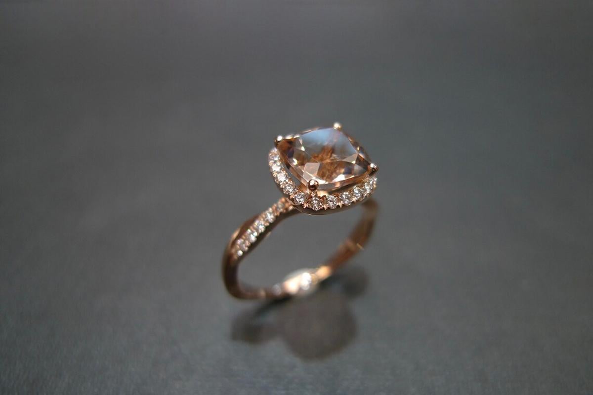 For Sale:  Cushion Shape Natural Morganite and Diamond Halo Engagement Ring 18K Rose Gold 10