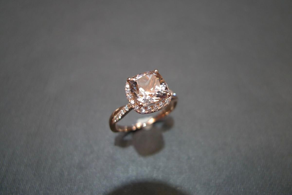For Sale:  Cushion Shape Natural Morganite and Diamond Halo Engagement Ring 18K Rose Gold 3