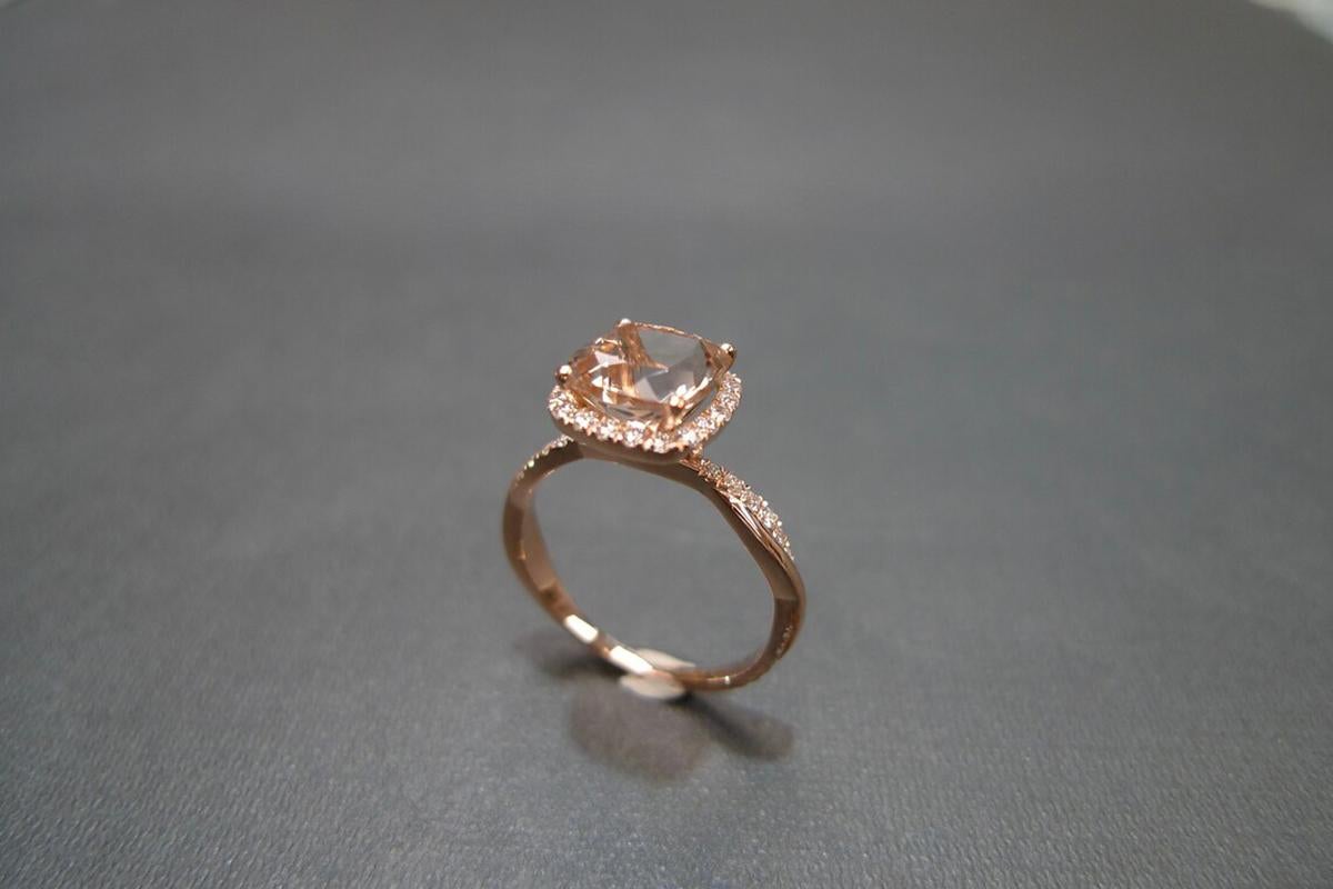 For Sale:  Cushion Shape Natural Morganite and Diamond Halo Engagement Ring 18K Rose Gold 4