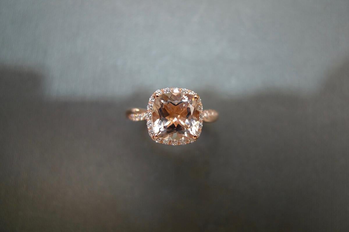 For Sale:  Cushion Shape Natural Morganite and Diamond Halo Engagement Ring 18K Rose Gold 5
