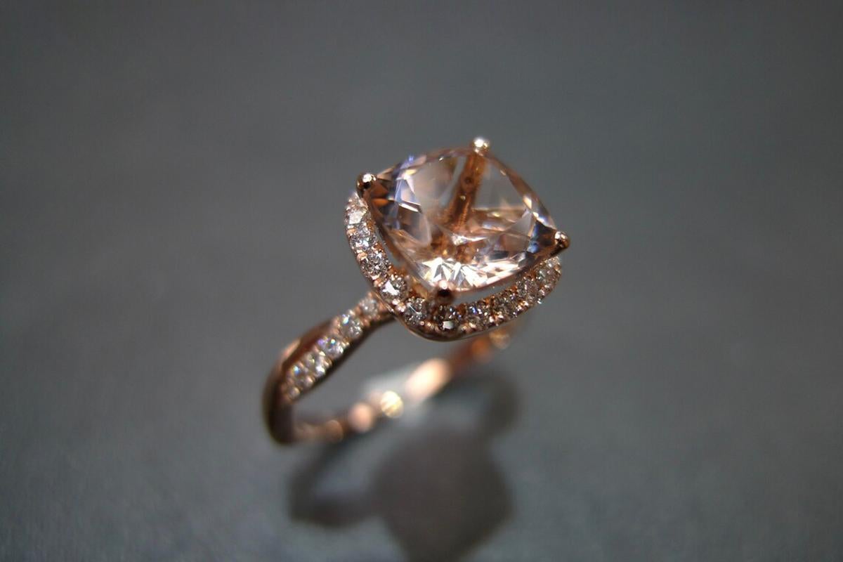 For Sale:  Cushion Shape Natural Morganite and Diamond Halo Engagement Ring 18K Rose Gold 6