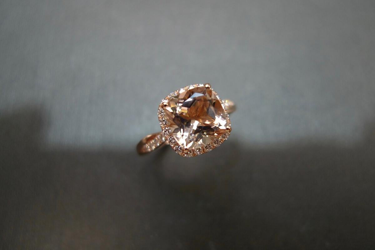 For Sale:  Cushion Shape Natural Morganite and Diamond Halo Engagement Ring 18K Rose Gold 7