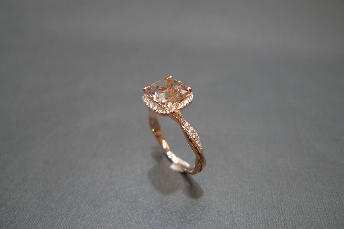 For Sale:  Cushion Shape Natural Morganite and Diamond Halo Engagement Ring 18K Rose Gold 8