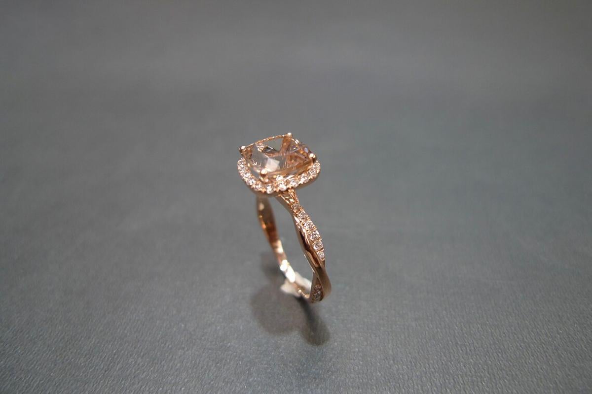 For Sale:  Cushion Shape Natural Morganite and Diamond Halo Engagement Ring 18K Rose Gold 9
