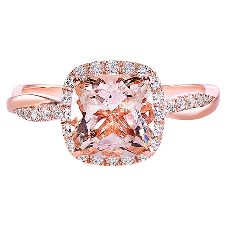 in vendita:  Anello di fidanzamento a forma di cuscino con morganite naturale e diamanti a raggiera in oro rosa 18 carati