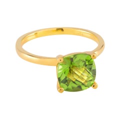 Cushion Shape Peridot Solitaire Sterling Silver Ring Yellow Gold-Plated