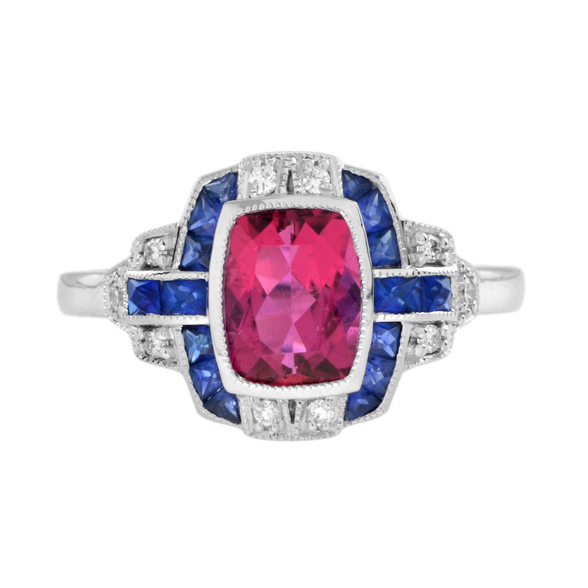 This incredible white gold Art Deco style ring features a cushion cut diamond surrounded by diamonds and French cut blue sapphire accents for a truly one-of-a-kind look.
Ring Information
Style: Art-deco
Total weight: 4.11 g. (approx. total