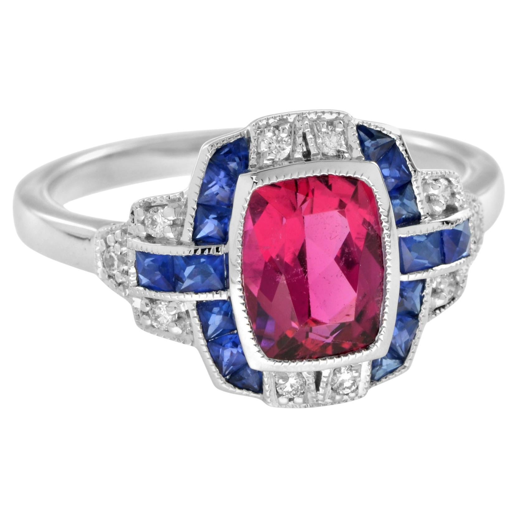 Cushion Shape Pink Tourmaline & Blue Sapphire Diamond Art Deco Style Halo Ring