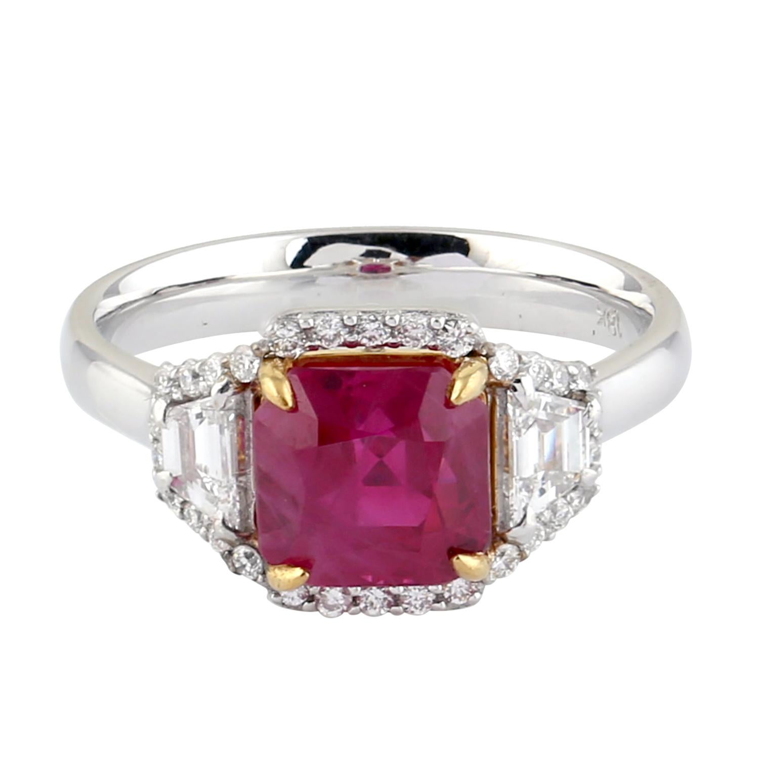 Artisan Cushion Shape Ruby and Diamond Cocktail Ring in 18K White Gold