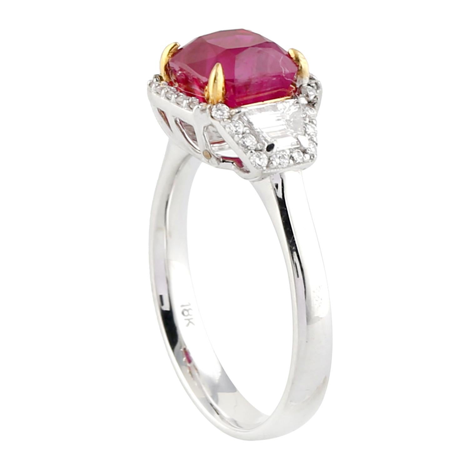 Women's or Men's Cushion Shape Ruby and Diamond Cocktail Ring in 18K White Gold