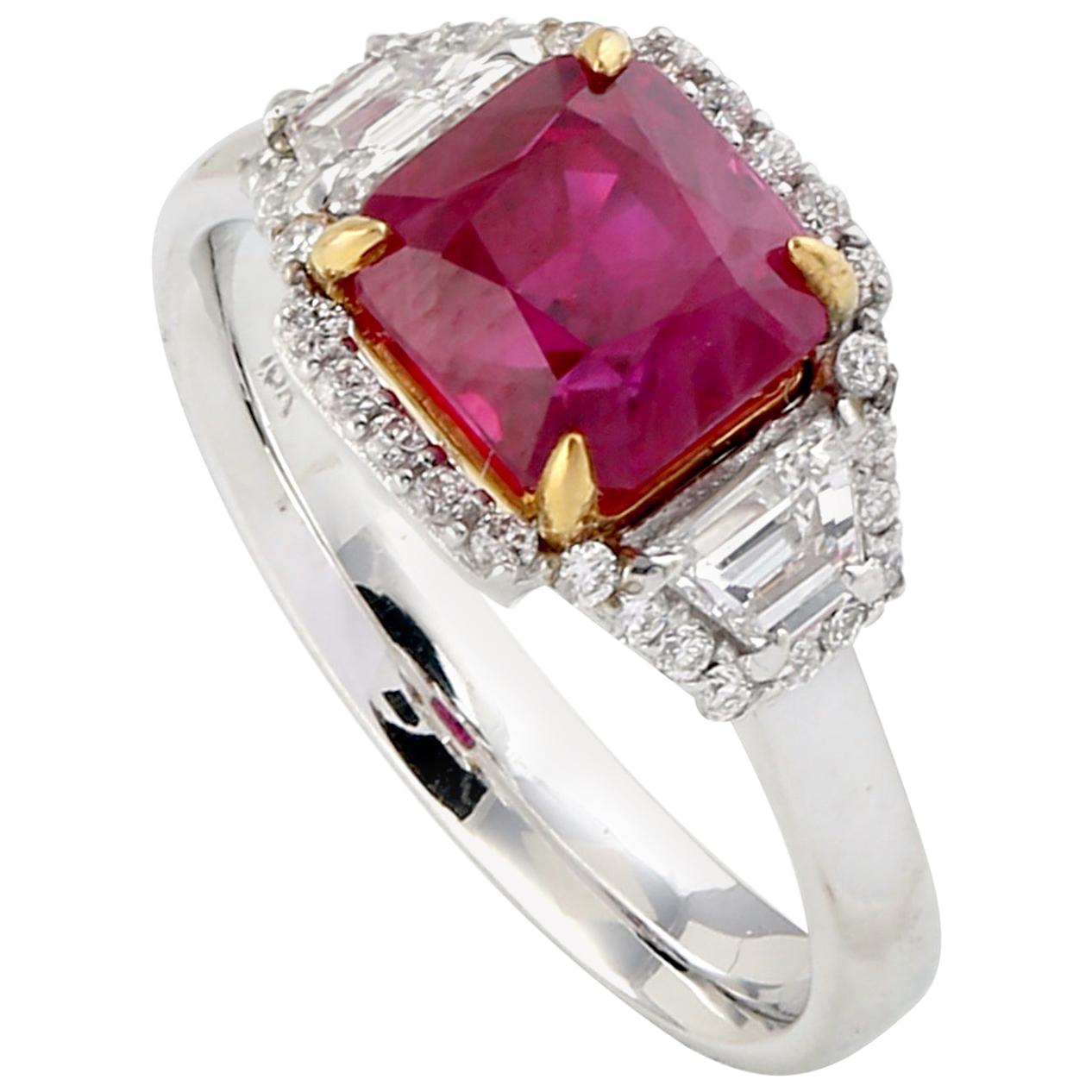 Cushion Shape Ruby Ring with Diamond Baguettes Set in 18 Karat White Gold