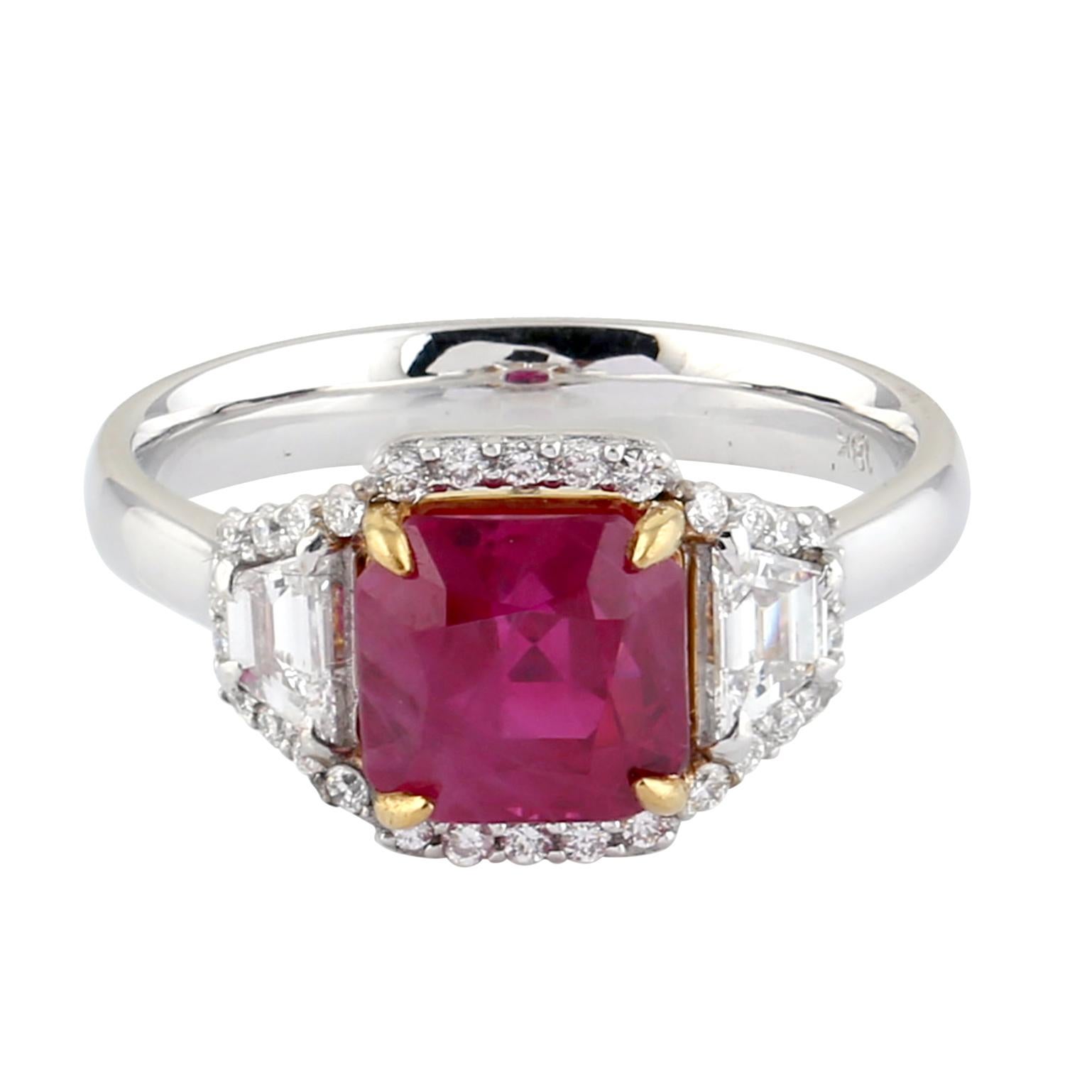 Pretty looking Cushion Shape Ruby ring with Diamond Baguettes set in 18K White Gold can be worn for any occasion.

Ring Size: 6.25 ( can be sized )

18K Gold: 5.4gms
Diamond: .90cts
Ruby: 2.96cts