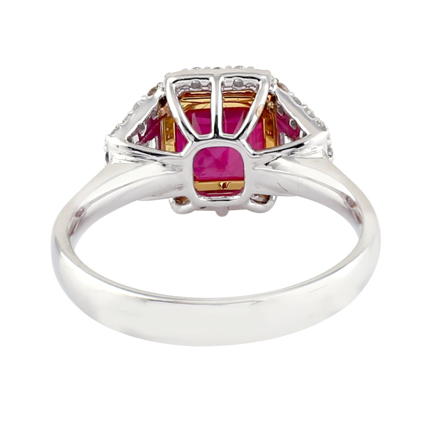 Modernist Cushion Shape Ruby Ring with Diamond Baguettes Set in 18 Karat White Gold