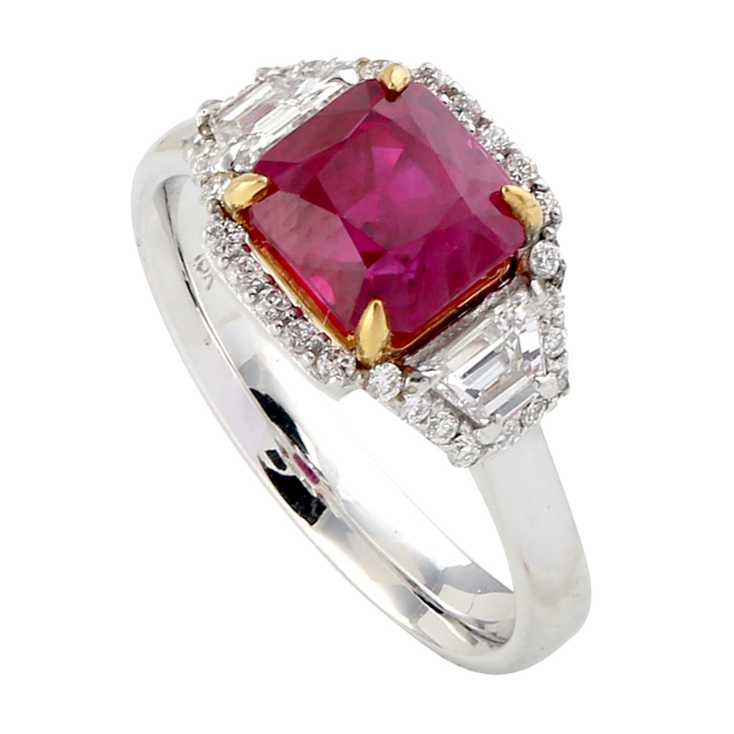 Women's Cushion Shape Ruby Ring with Diamond Baguettes Set in 18 Karat White Gold