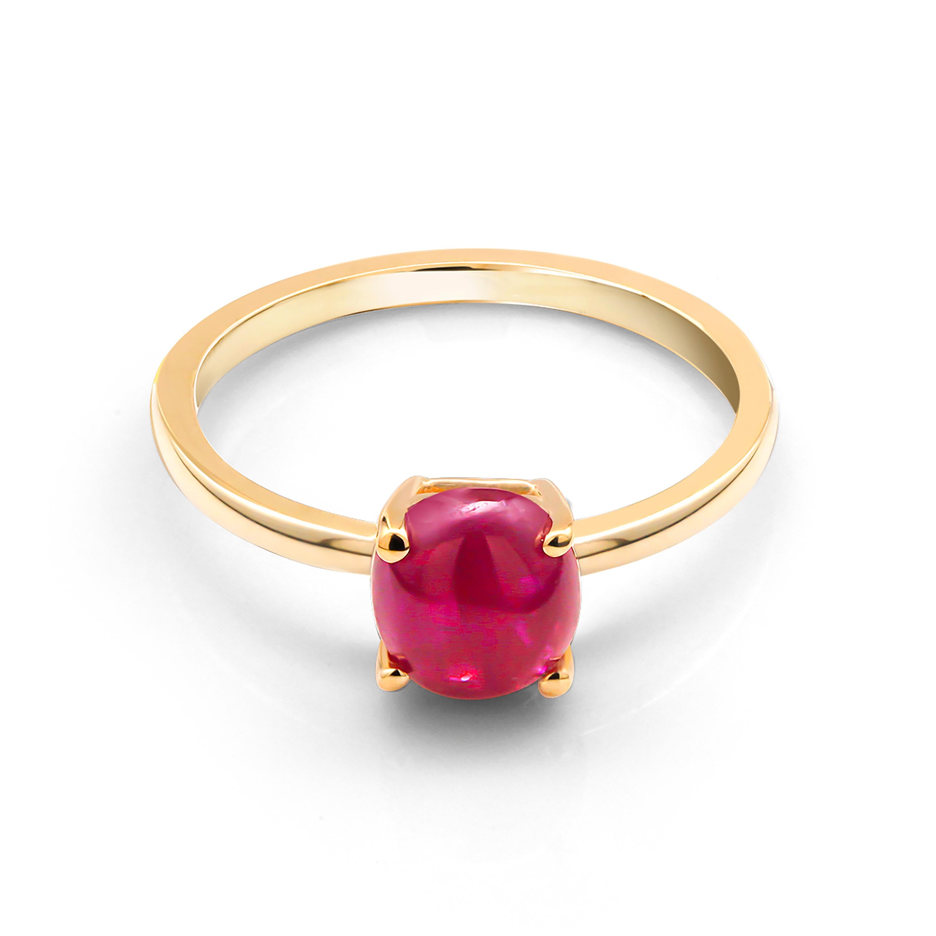 Fourteen karats yellow gold fashionable modern stacking or solitaire cocktail ring
Cushion shape Sugar Loaf Burma red, transparent cabochon Burma ruby weighing 1.65 carat 
Ruby hue is of strawberry red tone 
Ring size 7.25 In Stock
The ring can be