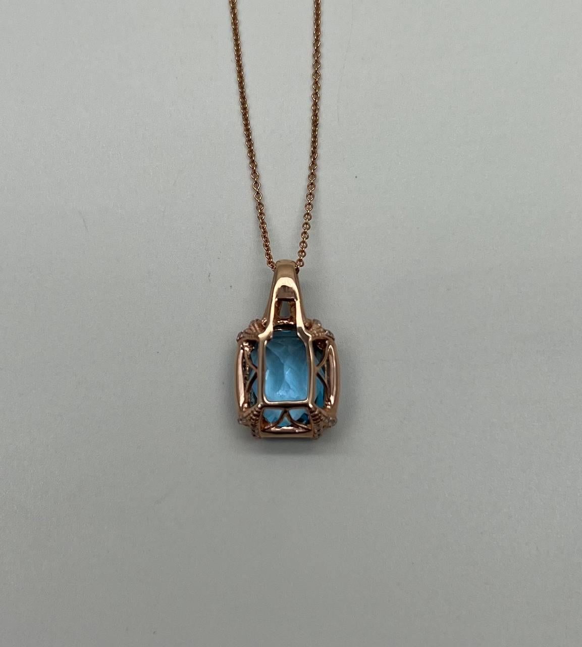 Cushion Cut Cushion Shape Swiss Blue Topaz 14K Rose Gold Champagne Halo Pendant Necklace For Sale