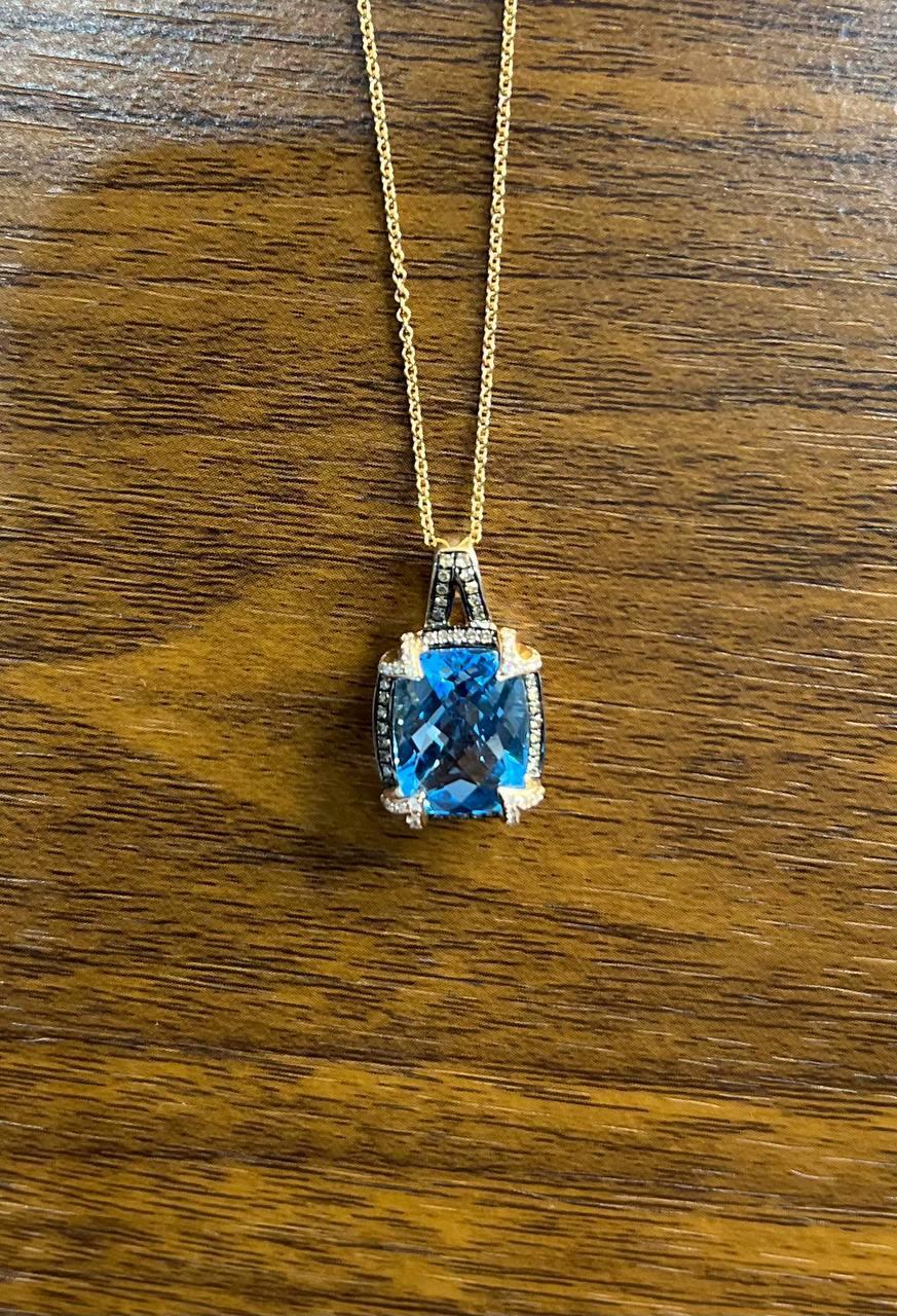 Women's Cushion Shape Swiss Blue Topaz 14K Rose Gold Champagne Halo Pendant Necklace For Sale