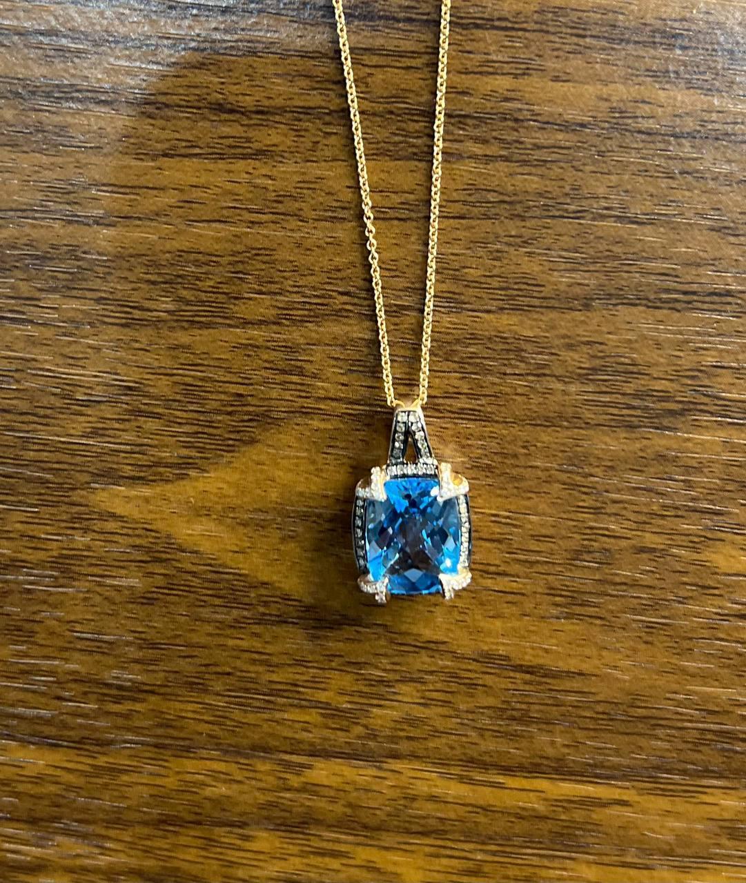 Cushion Shape Swiss Blue Topaz 14K Rose Gold Champagne Halo Pendant Necklace For Sale 1
