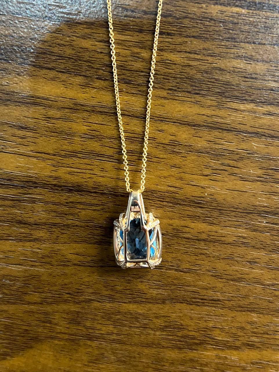 Cushion Shape Swiss Blue Topaz 14K Rose Gold Champagne Halo Pendant Necklace For Sale 3