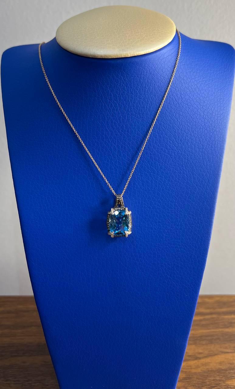 Cushion Shape Swiss Blue Topaz 14K Rose Gold Champagne Halo Pendant Necklace For Sale 4