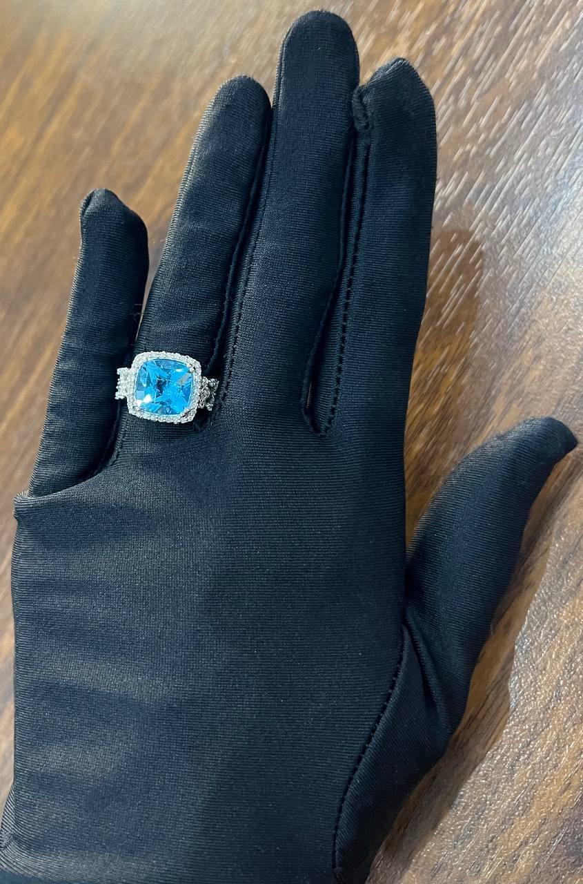 Cushion Shape Swiss Blue Topaz 14K White Gold Diamonds Halo Thick Band Ring For Sale 5