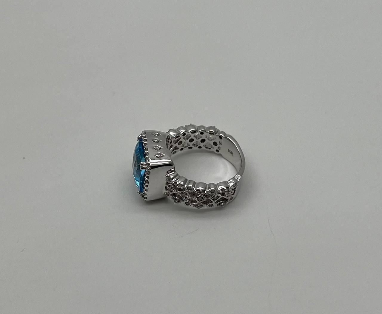 Cushion Cut Cushion Shape Swiss Blue Topaz 14K White Gold Diamonds Halo Thick Band Ring For Sale