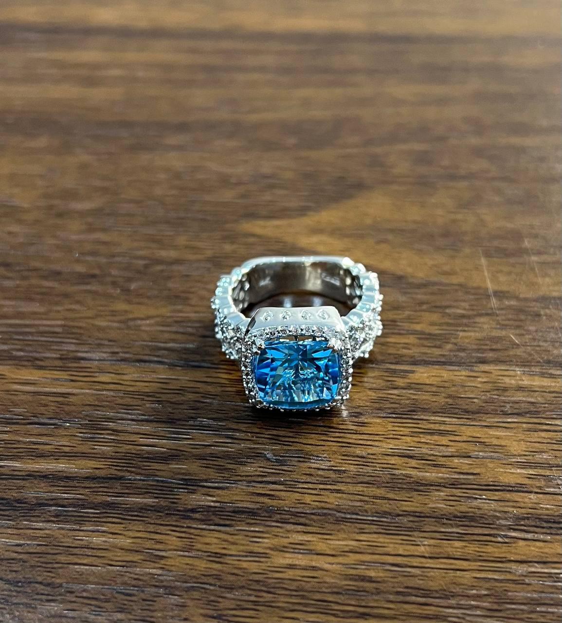 Women's Cushion Shape Swiss Blue Topaz 14K White Gold Diamonds Halo Thick Band Ring For Sale