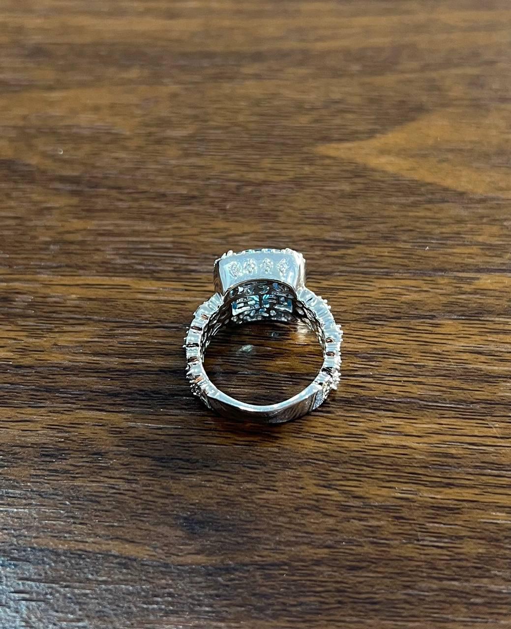 Cushion Shape Swiss Blue Topaz 14K White Gold Diamonds Halo Thick Band Ring For Sale 1
