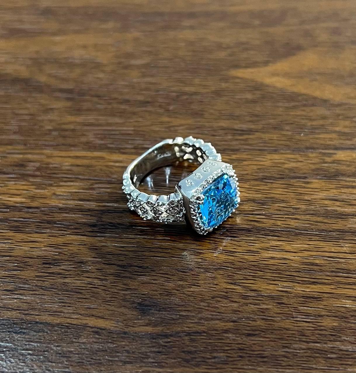 Cushion Shape Swiss Blue Topaz 14K White Gold Diamonds Halo Thick Band Ring For Sale 2