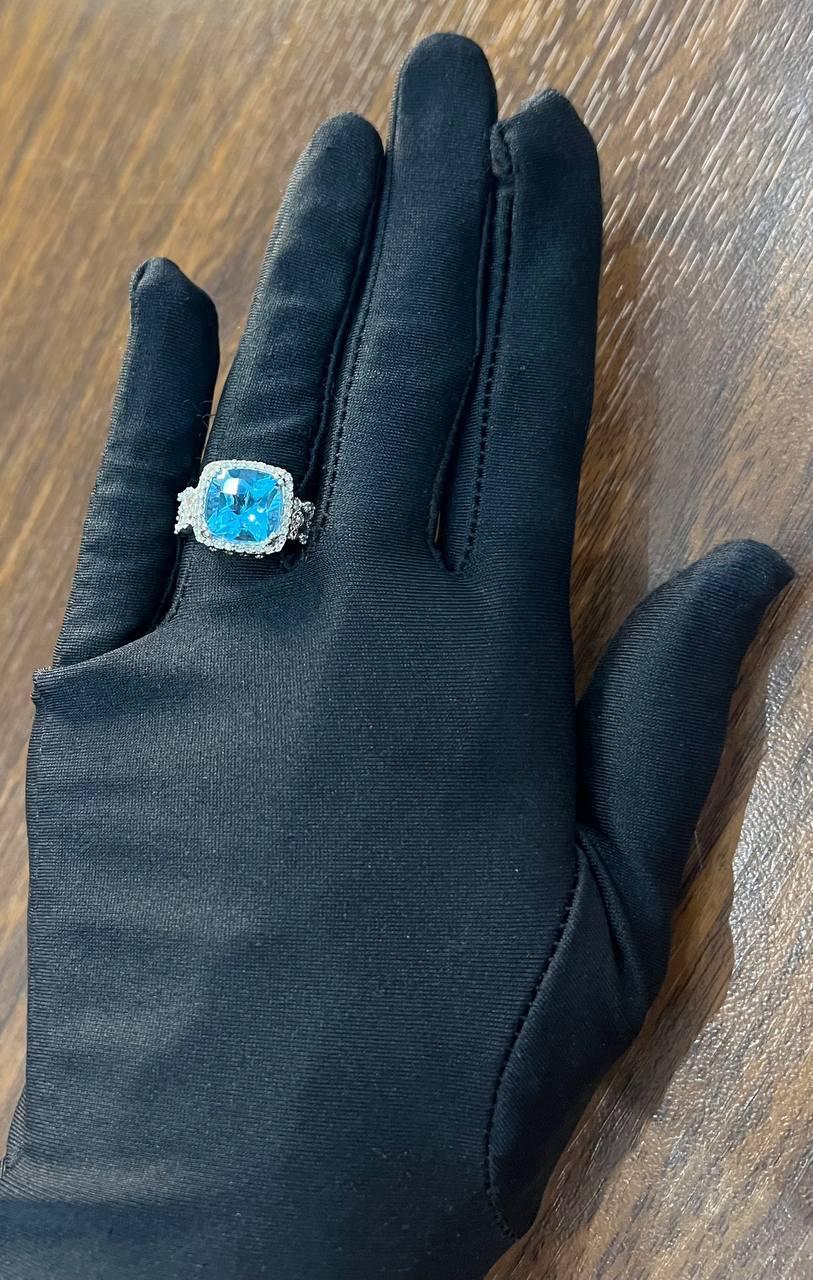 Cushion Shape Swiss Blue Topaz 14K White Gold Diamonds Halo Thick Band Ring For Sale 4