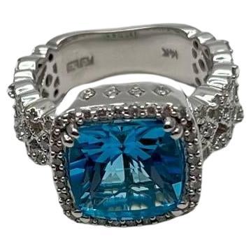 Cushion Shape Swiss Blue Topaz 14K White Gold Diamonds Halo Thick Band Ring