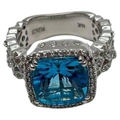 Cushion Shape Swiss Blue Topaz 14K White Gold Diamonds Halo Thick Band Ring