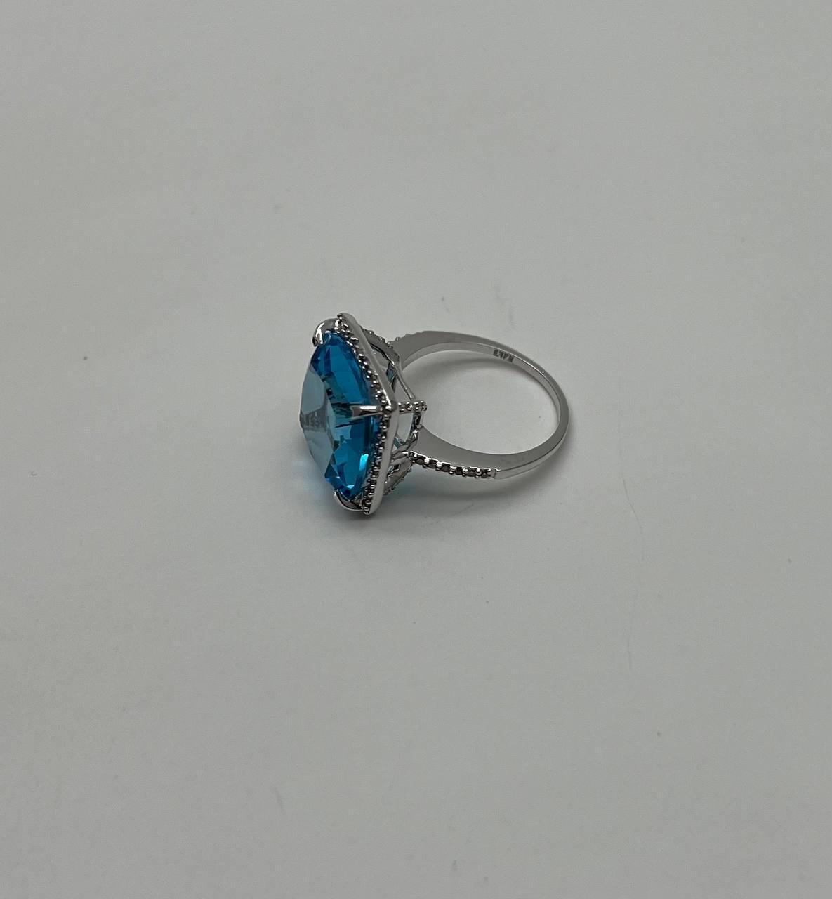 Cushion Cut Cushion Shape Swiss Blue Topaz Diamond Halo 14K White Gold Cocktail Ring For Sale