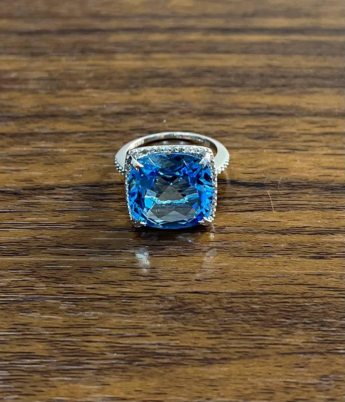 Cushion Shape Swiss Blue Topaz Diamond Halo 14K White Gold Cocktail Ring In New Condition For Sale In Oakton, VA