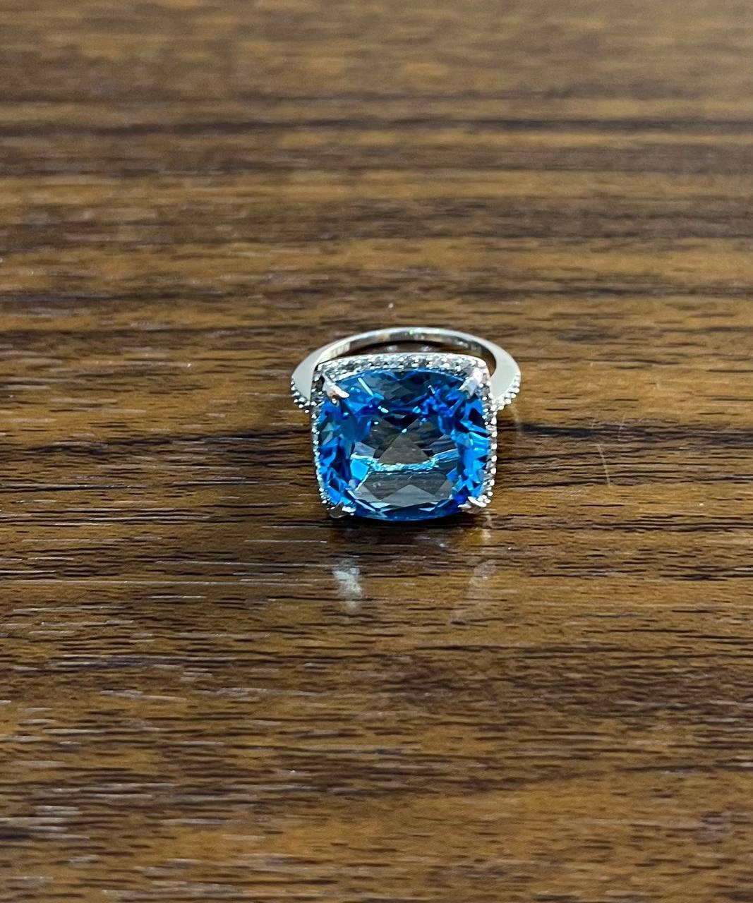 Women's Cushion Shape Swiss Blue Topaz Diamond Halo 14K White Gold Cocktail Ring For Sale