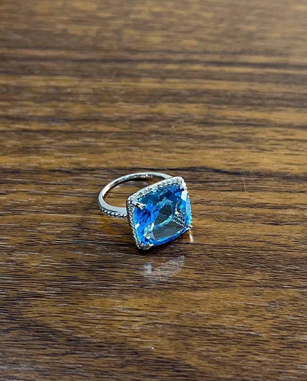 Cushion Shape Swiss Blue Topaz Diamond Halo 14K White Gold Cocktail Ring For Sale 1