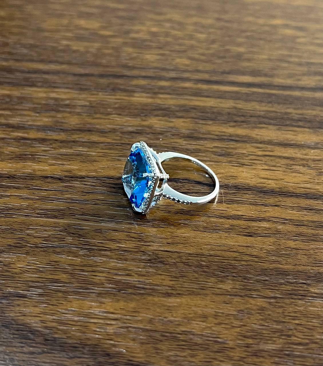 Cushion Shape Swiss Blue Topaz Diamond Halo 14K White Gold Cocktail Ring For Sale 2