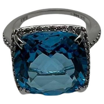 Cushion Shape Swiss Blue Topaz Diamond Halo 14K White Gold Cocktail Ring