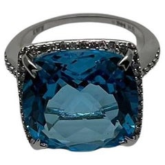 Cushion Shape Swiss Blue Topaz Diamond Halo 14K White Gold Cocktail Ring