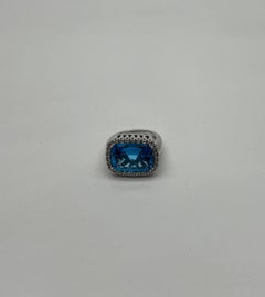 Cushion Shape Swiss Blue Topaz Diamonds Halo Jumbo 14K White Gold Cocktail Ring