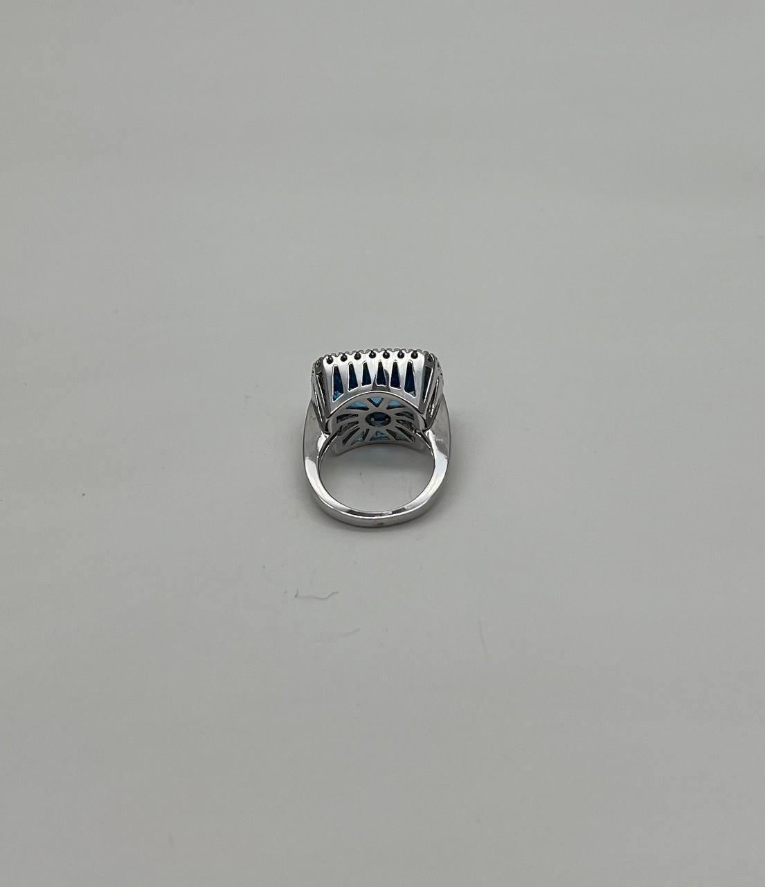 Cushion Cut Cushion Shape Swiss Blue Topaz Diamonds Halo Jumbo 14K White Gold Cocktail Ring For Sale