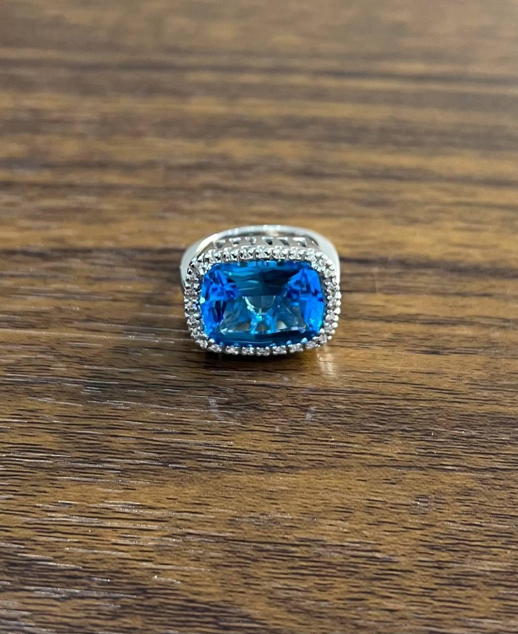 Cushion Shape Swiss Blue Topaz Diamonds Halo Jumbo 14K White Gold Cocktail Ring In New Condition For Sale In Oakton, VA