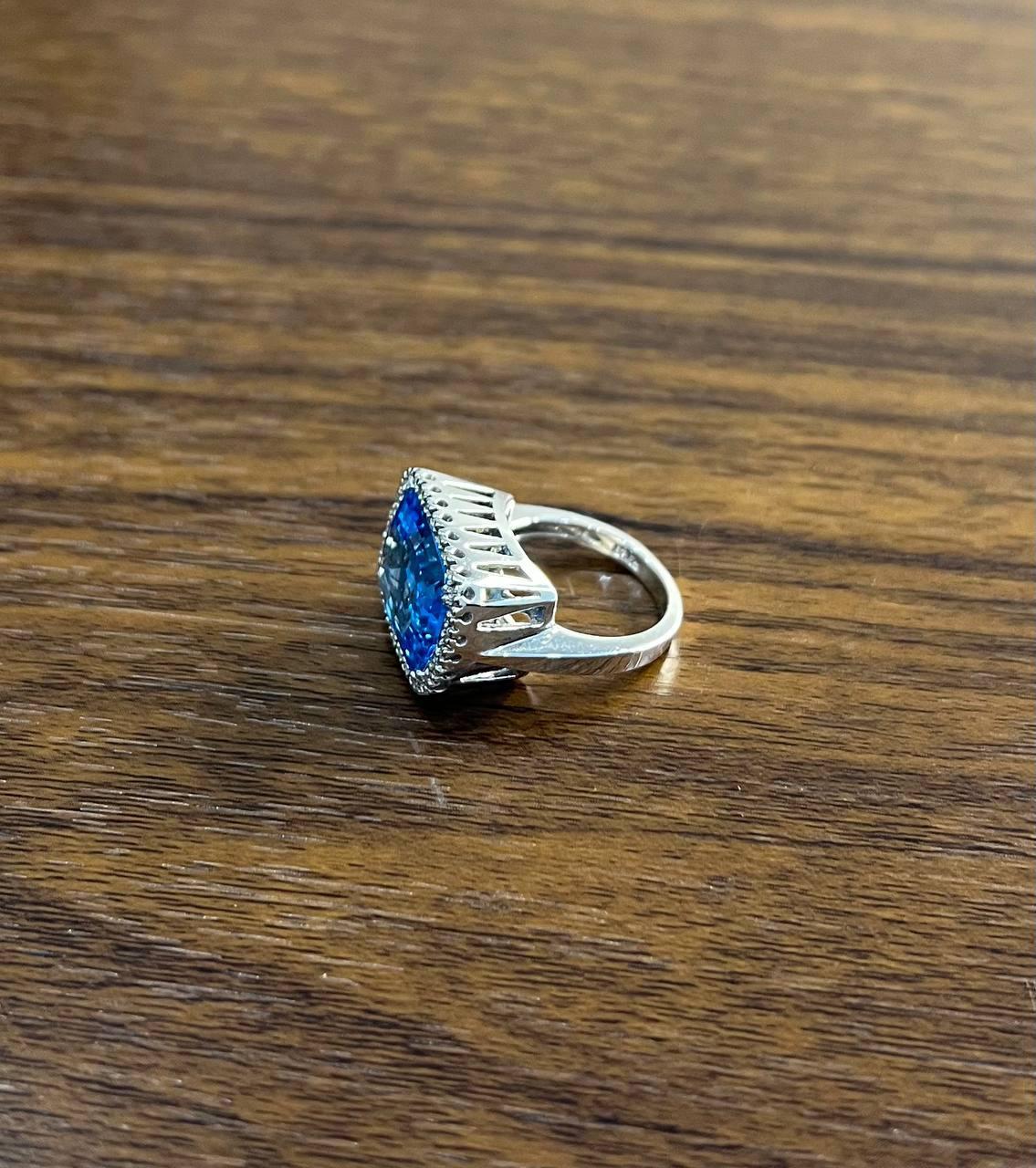 Women's Cushion Shape Swiss Blue Topaz Diamonds Halo Jumbo 14K White Gold Cocktail Ring For Sale