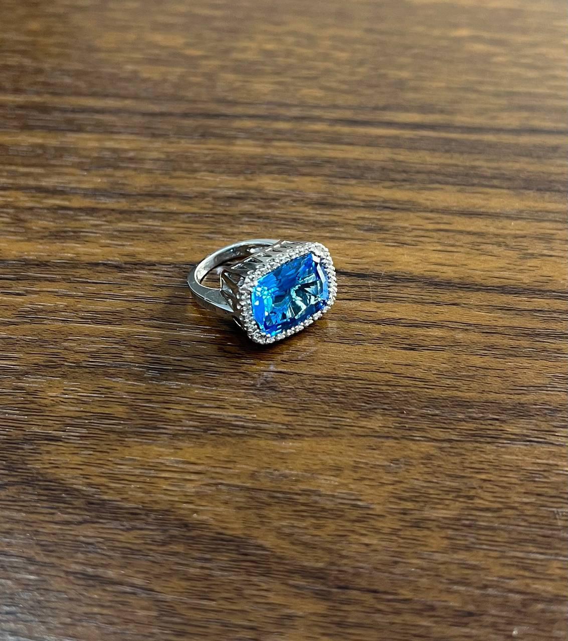 Cushion Shape Swiss Blue Topaz Diamonds Halo Jumbo 14K White Gold Cocktail Ring For Sale 1