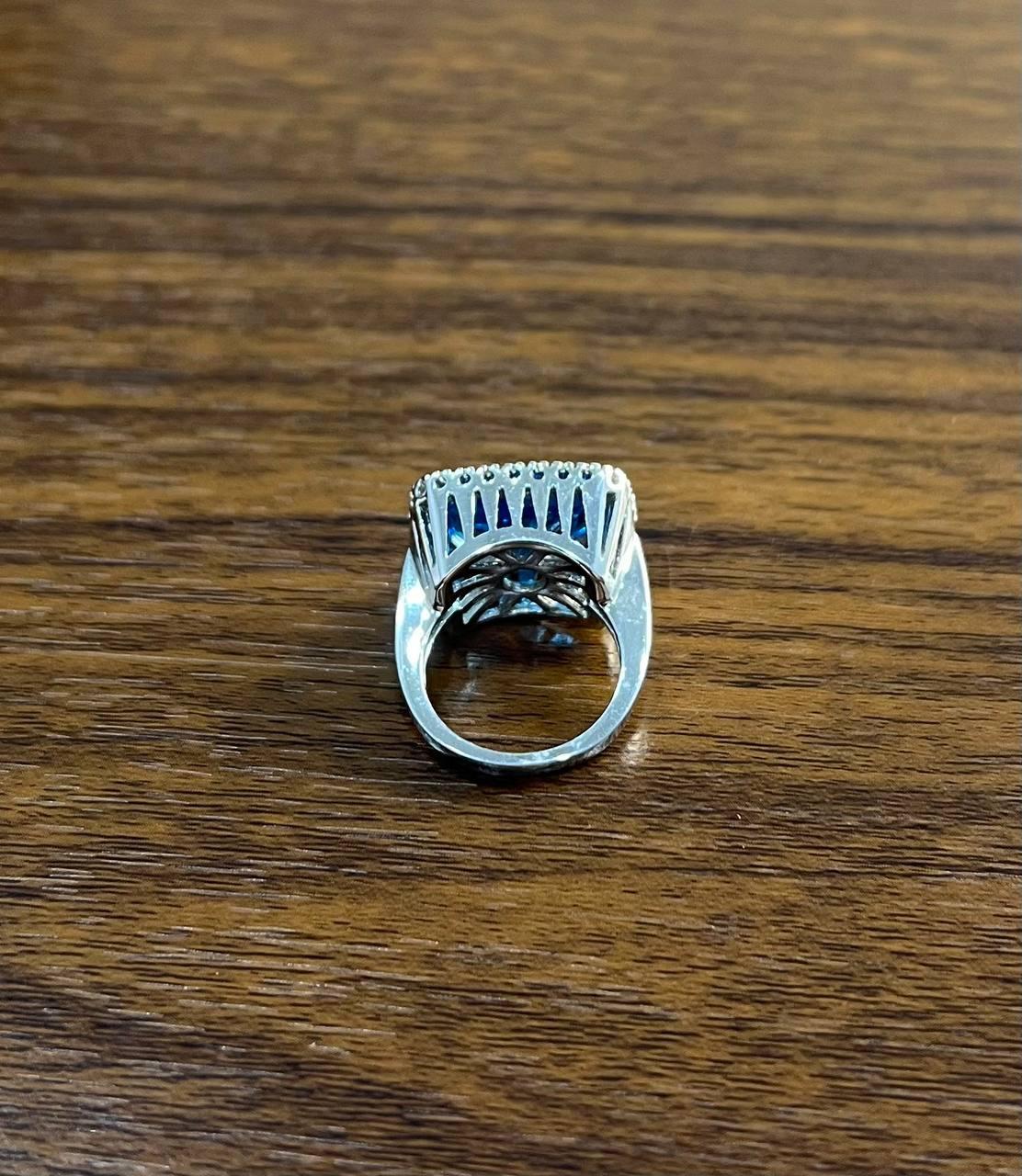 Cushion Shape Swiss Blue Topaz Diamonds Halo Jumbo 14K White Gold Cocktail Ring For Sale 2