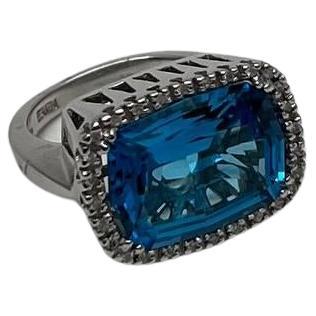 Cushion Shape Swiss Blue Topaz Diamonds Halo Jumbo 14K White Gold Cocktail Ring