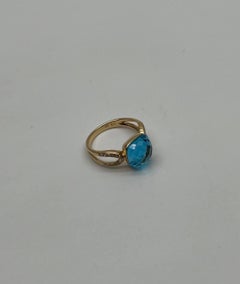 Cushion Shape Swiss Blue Topaz Split Shank 14K Yellow Gold Diamonds Fashion Ring