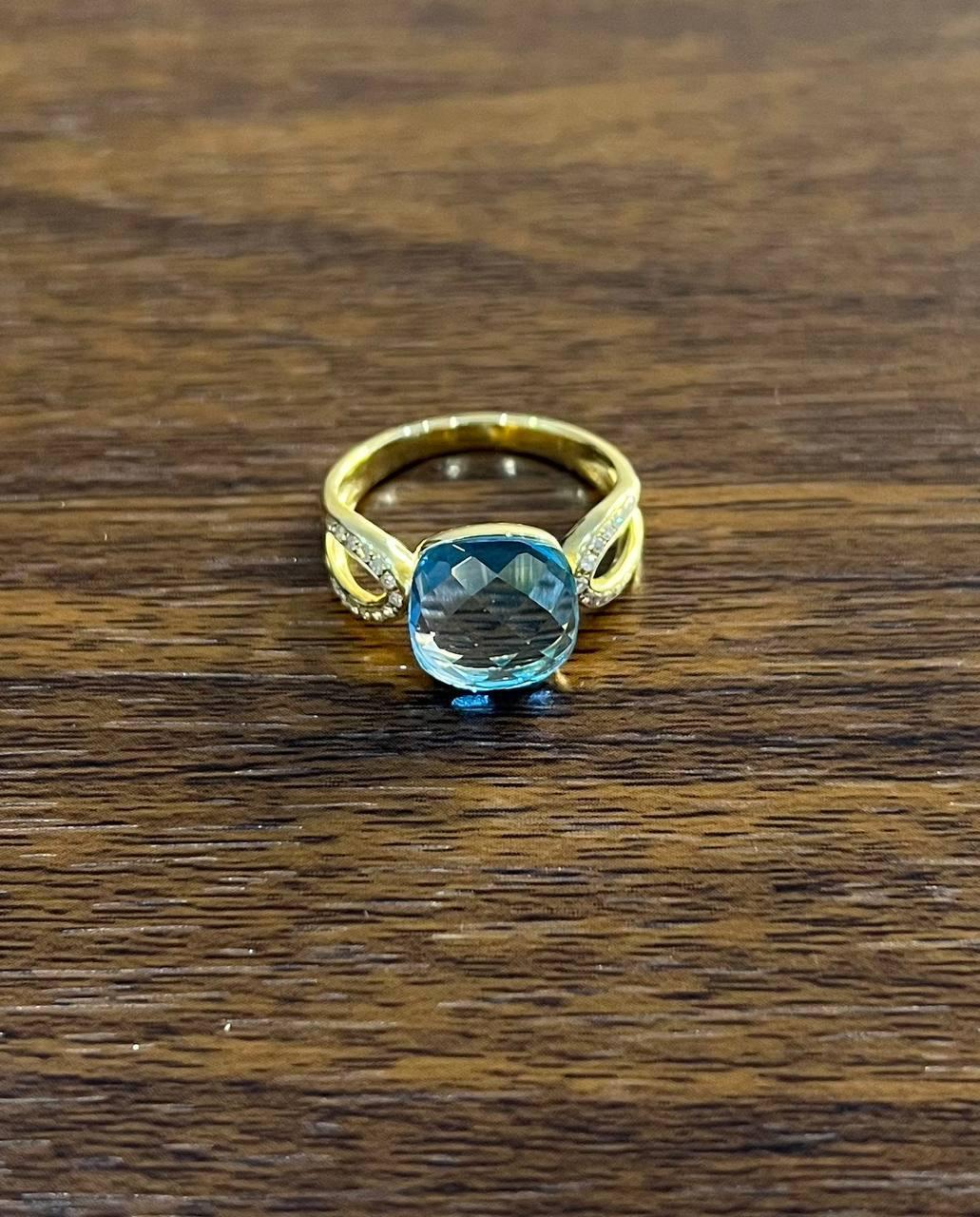 Women's Cushion Shape Swiss Blue Topaz Split Shank 14K Yellow Gold Diamonds Fashion Ring For Sale