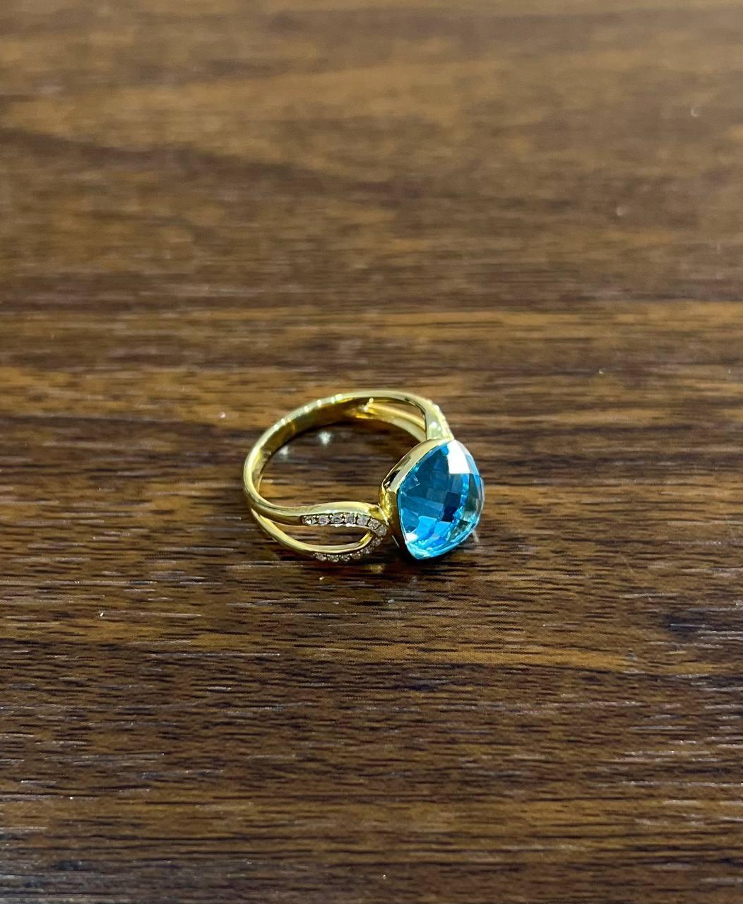 Cushion Shape Swiss Blue Topaz Split Shank 14K Yellow Gold Diamonds Fashion Ring For Sale 1